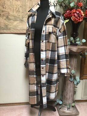 Black/Tan/White Plaid Long Shirt Dress or Jacket